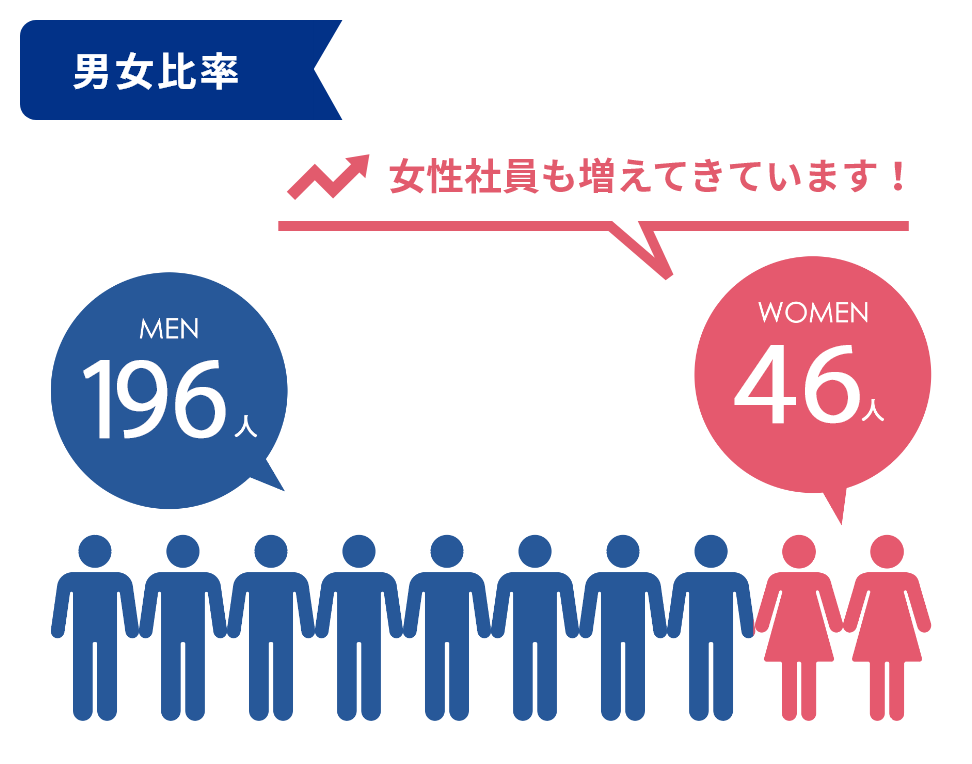 男女比率 男性178名 女性45名 女性社員も増えてきています！